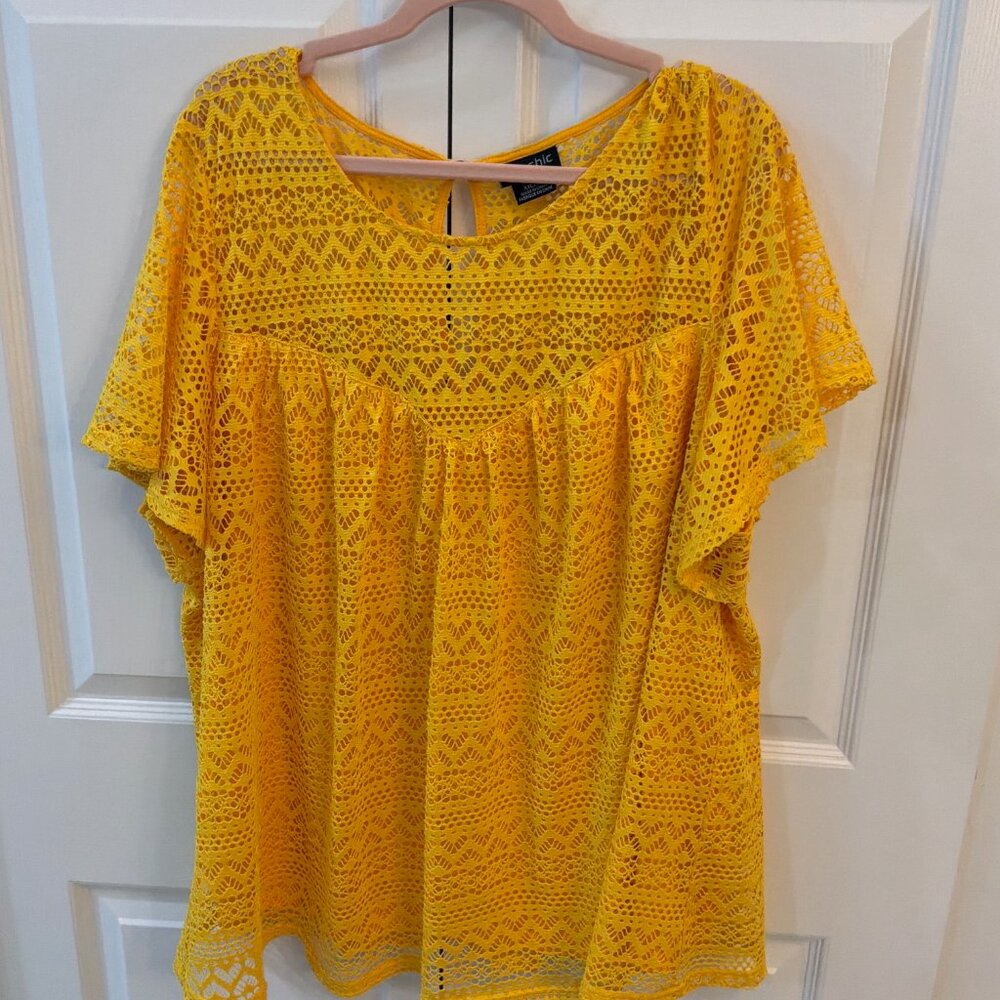 City Chic Bright Yellow Crocheted Lined Short Sleeve Top in Plus size 24 or XXL